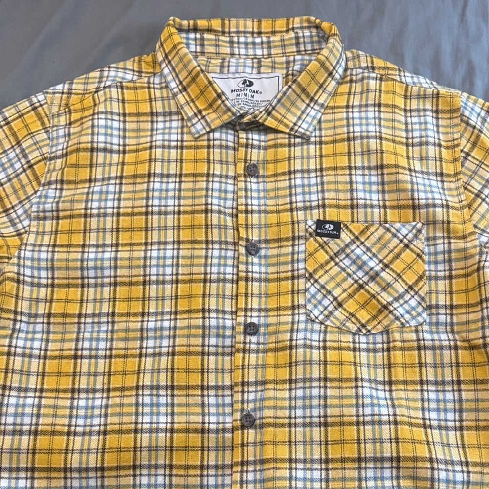 Mossy Oak Yellow Plaid Flannel Men's Shirt. 100% Cotton (Size: M)